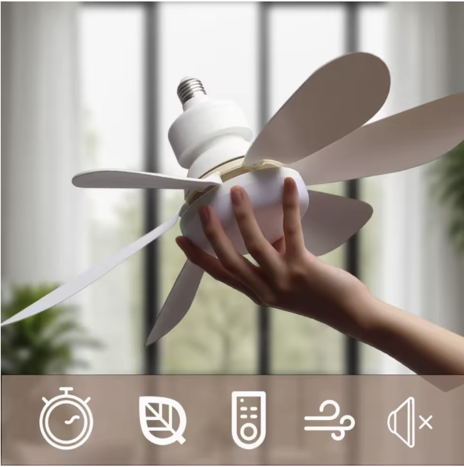 Ventilateur de plafond LED E27 tenu en main – installation sans électricien en 5 secondes