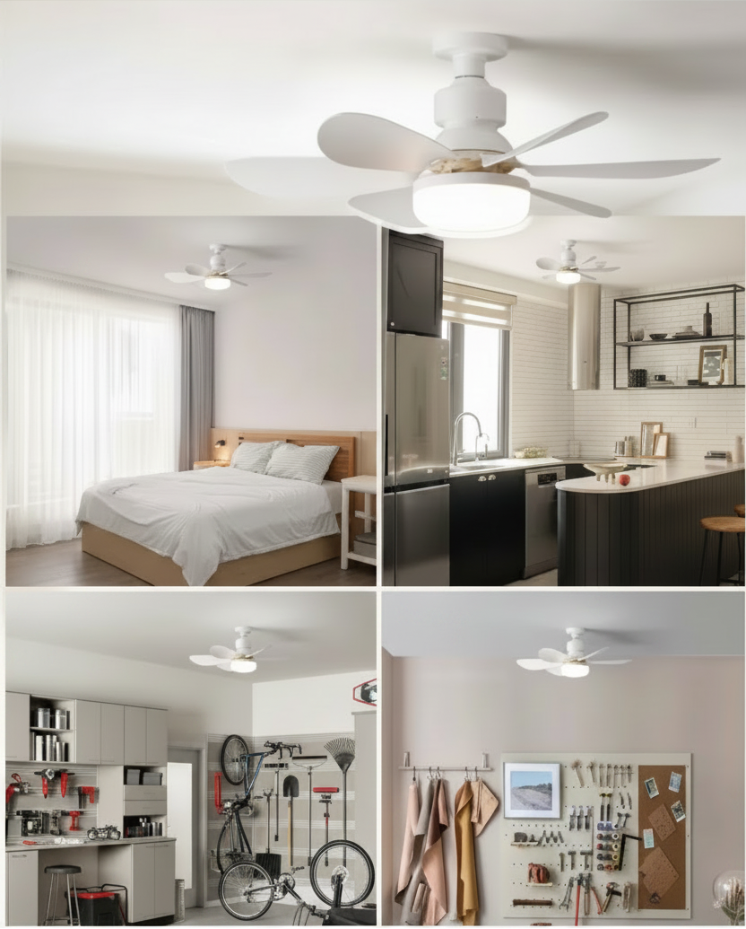 Ventilateur de plafond E27 installé dans chambre, cuisine, garage et atelier
