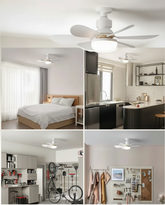 Ventilateur de plafond E27 installé dans chambre, cuisine, garage et atelier