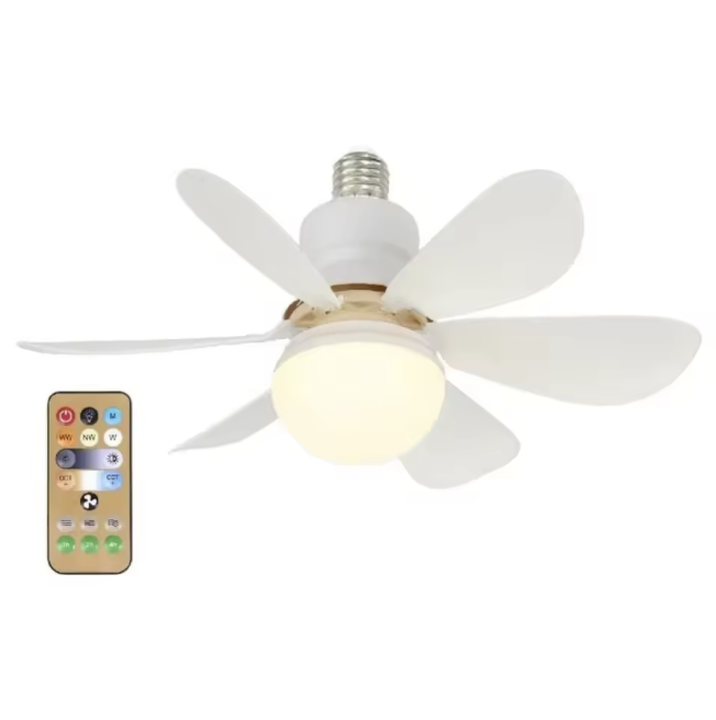 Ventilateur plafond LED E27 avec télécommande sur fond blanc – vue de face