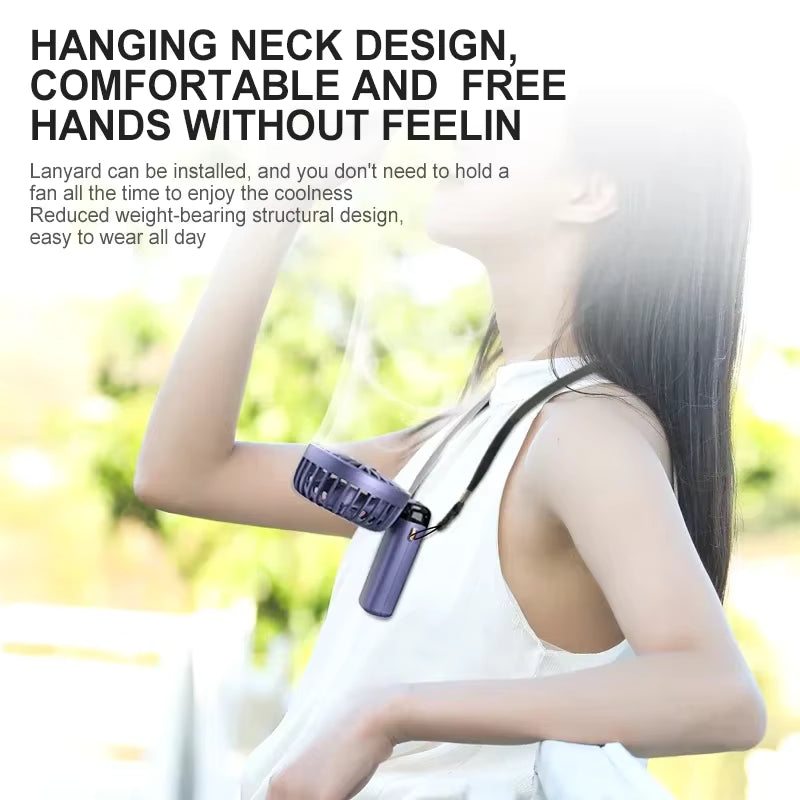 Femme portant le ventilateur de cou portable VENTIGO violet en tour de cou – mains libres en extérieur
