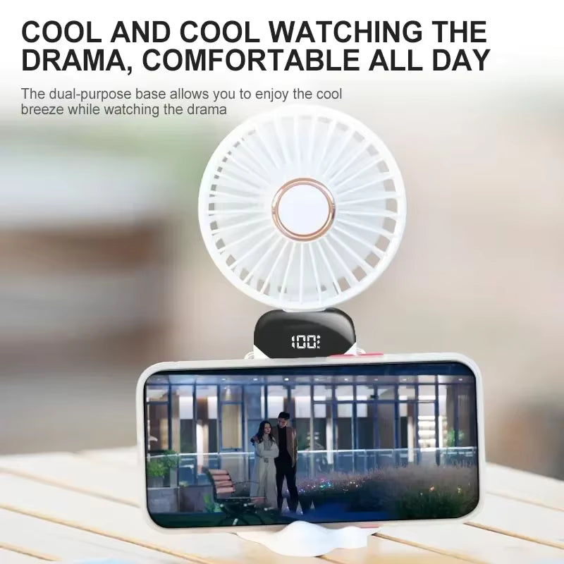 Ventilateur de cou portable VENTIGO blanc avec support téléphone intégré pour regarder des vidéos